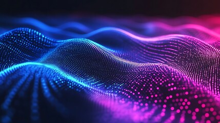 Abstract gradient background featuring a glowing wave of blue and pink dots, evoking digital data or music waves in a vibrant, dynamic design.