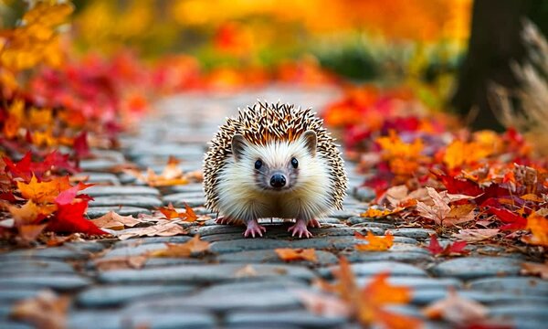 A hedgehog walking on a stone path surrounded by vibrant autumn leaves in a tranquil park setting