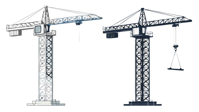 "Construction tower crane lifting a shipping container – black and white and colored vector illustrations of industrial crane with cargo box for logistics, construction, and transportation themes"
