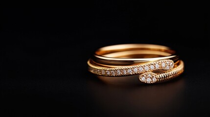 Elegant Gold and Diamond Rings with Intricate Design on Black Background for Luxurious Jewelry Advertisement and Fashion Promotion