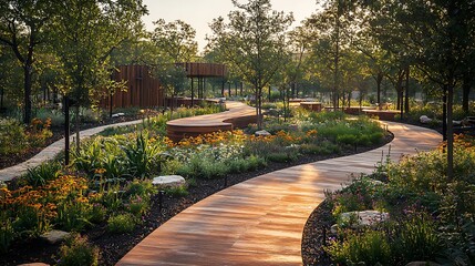Obraz premium Serene Garden Path Winding Wooden Walkway Lush Flowers Tranquil Park Setting at Sunset
