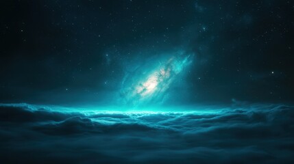 Naklejka premium Ethereal Cosmic Scene with Glowing Galaxy Above Dreamy Clouds in Starry Night Sky