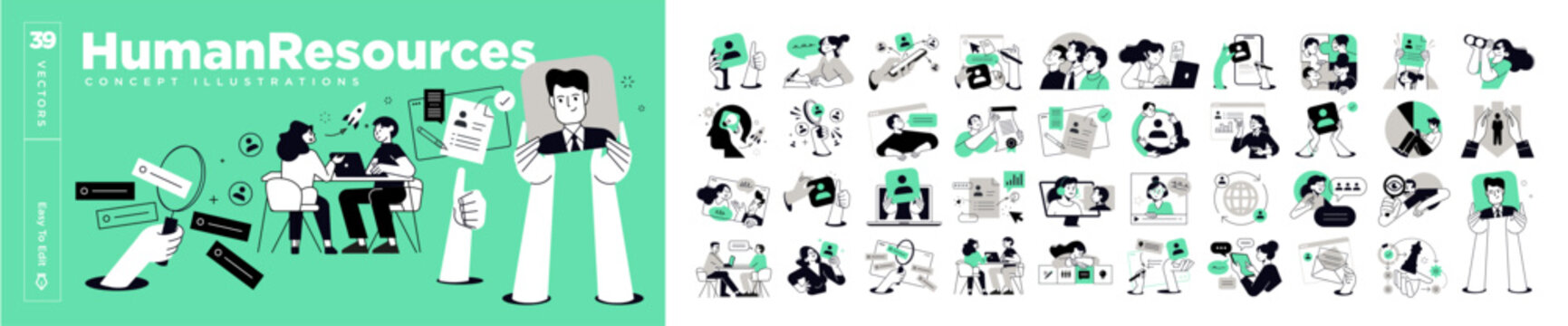 Human resources concept illustrations. Set of people vector illustrations in various activities of employment, career, teamwork, job interview, improvement of business skills, management.