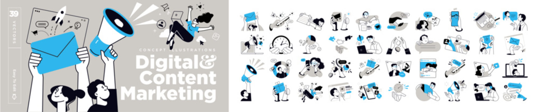 Digital and content marketing illustrations. Set of people vector illustrations in various activities of online marketing, social media, networking, internet advertising, promotion, e-commerce.