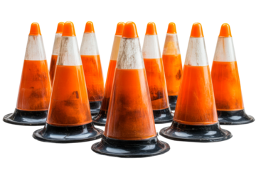 Group of traffic cones on transparent background