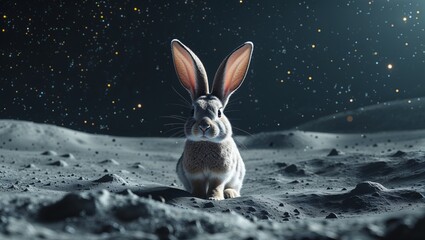 Rabbit on the moon with a serene mood, symbolizing tranquility and lunar exploration under a cosmic backdrop