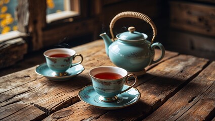 Tea set in a rustic interior with a cozy mood, representing warmth and simplicity, against a natural wooden backdrop