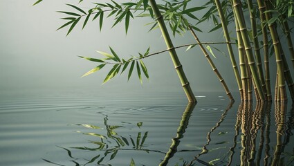 Bamboo over water with serene mood, representing tranquility, with a peaceful natural background