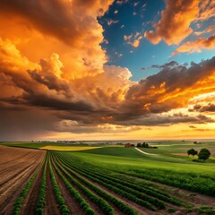 Obraz premium Serene Sunset Over Rolling Farmlands, Painting A Vibrant Landscape Of Hope And Renewal With Dramatic Fiery Clouds And Soft Golden Light