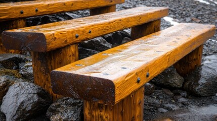 Fototapeta premium Weathered wooden benches on rocky shore with water