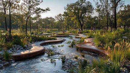 Serpentine Stream and Walkway in a Lush Green Park Landscape