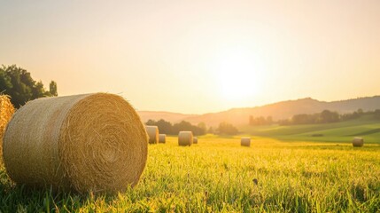 Golden Sunrise Over Rolling Fields with Hay Bales in a Serene Landscape Capturing the Essence of Rural Tranquility and Natural Beauty