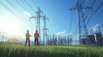Engineers Inspecting Power Plant Infrastructure with Power Lines and Clear Blue Sky
