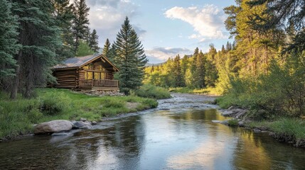 Picturesque wooden cabin alongside tranquil flowing river surrounded by lush forest