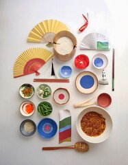 illustration showing various traditional elements of Korean culture on a white background 