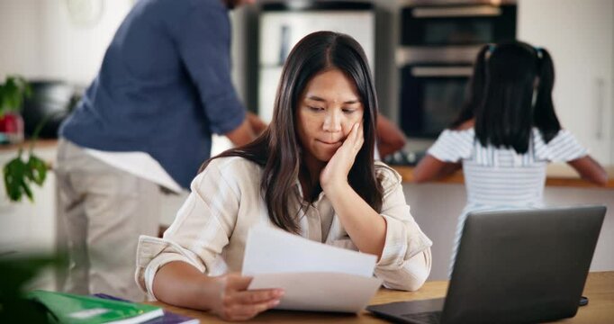 Frustrated mom, documents and stress with laptop for financial crisis, debt or outstanding payments. Mother, parent or anxiety with paperwork or depression for invoice, bills or expenses at house