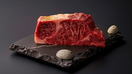 Obraz premium Premium Quality Wagyu Beef Steak on Dark Slate with Decorative Stones