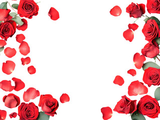 isolated transparent Background. Luxurious deep red roses and petals create romantic floral frame