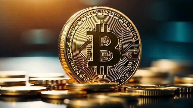 gold bitcoin on stack of gold coin, financial and economy concept 