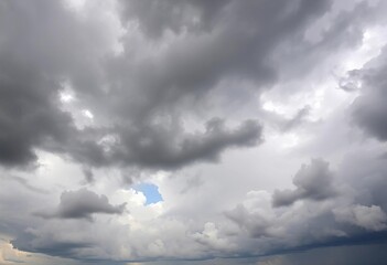 Dramatic panoramic view of a stormy gray sky, heavy with white clouds before a rain shower, nature, heavy