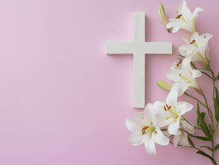 Easter lily and cross isolated on a lilac background. Copy space provided for easter poster and design banner.
