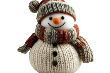 Snowman dressed in warm knitted sweater and hat