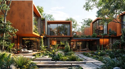 Luxurious Modern Corten Steel House with Lush Tropical Garden Courtyard