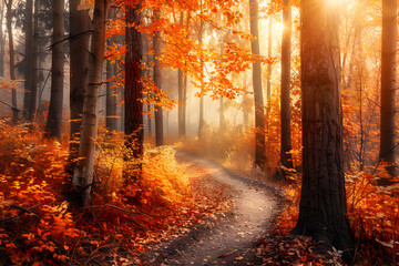 Obraz premium Enchanting Autumn Pathway Through a Vibrant Forest of Red and Orange Foliage