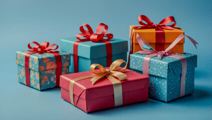 Obraz premium Colorful gift boxes with ribbons on a blue background.