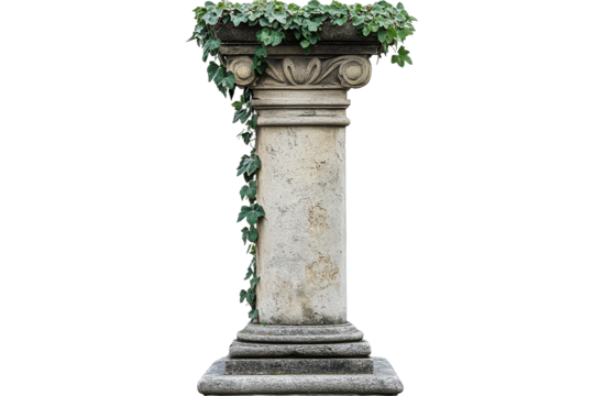 Decorative stone column with ivy on a transparent background