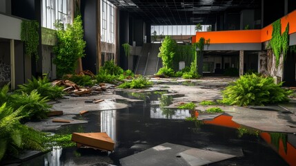 Naklejka premium Abandoned Industrial Space Overgrown with Lush Greenery and Water