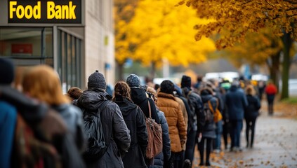 A long line of people waiting outside the food bank, with "Food Bank" written on it in yellow letters. The scene is captured from behind and shows people of various ages, dressed for fall weather. 