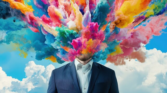 A Man in a Suit with Colorful Clouds Exploding from His Head
