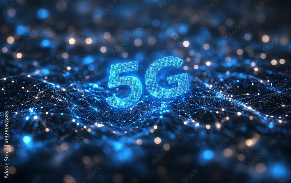 Poster futuristic 5g network concept with glowing blue text, interconnected digital lines, set against a da
