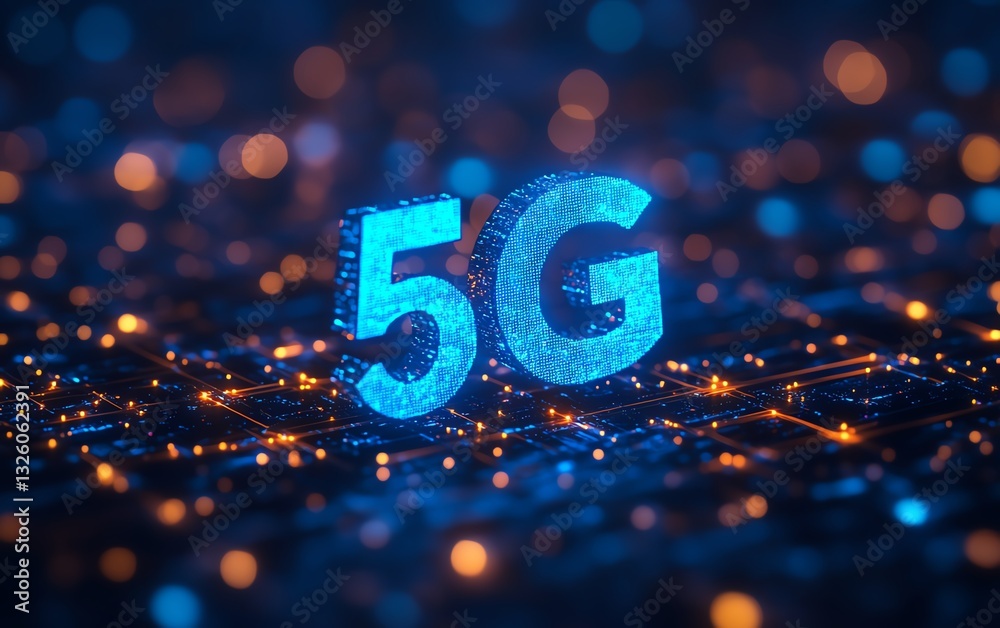 Poster futuristic 5g network concept with glowing blue text, interconnected digital lines, set against a da