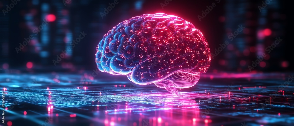 Aufkleber Futuristic digital brain hologram with glowing data streams and intricate visualizations on a techinspired background, symbolizing AI and machine learning advancements