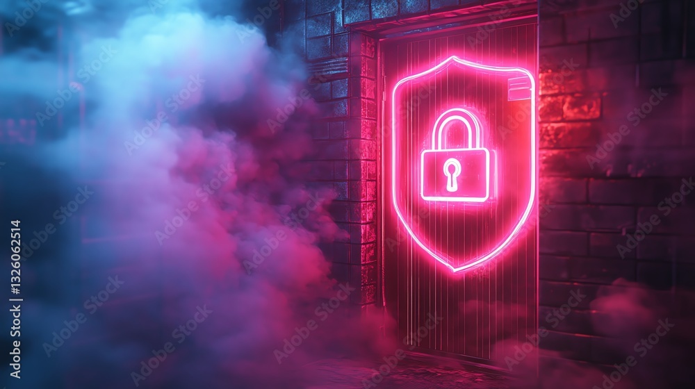 Fototapete Futuristic digital security concept with a shield featuring a padlock, illuminated in neon light, floating within a virtual foggy space, representing data protection