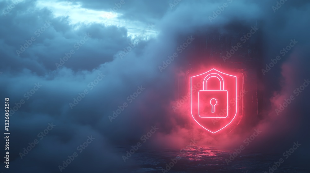 Poster Futuristic digital security concept with a shield featuring a padlock, illuminated in neon light, floating within a virtual foggy space, representing data protection