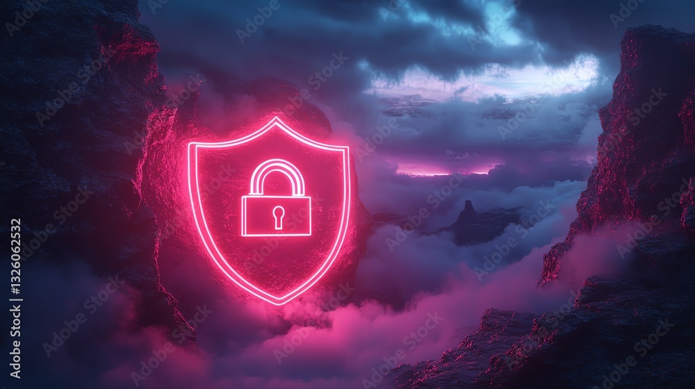 Poster Futuristic digital security concept with a shield featuring a padlock, illuminated in neon light, floating within a virtual foggy space, representing data protection