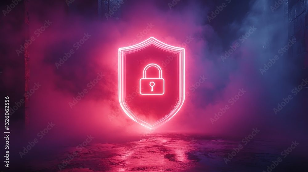 Poster futuristic digital security concept with a shield featuring a padlock, illuminated in neon light, fl
