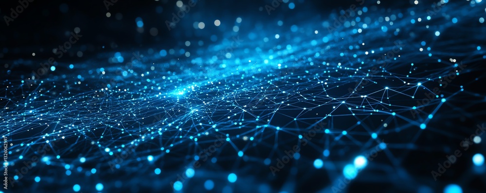 Poster Hightech 5G network concept with luminous blue text, connected digital lines, and a futuristic dark backdrop, emphasizing seamless communication and fast data transfer