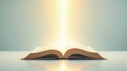 Open book on table with sunlight streaming through pages.