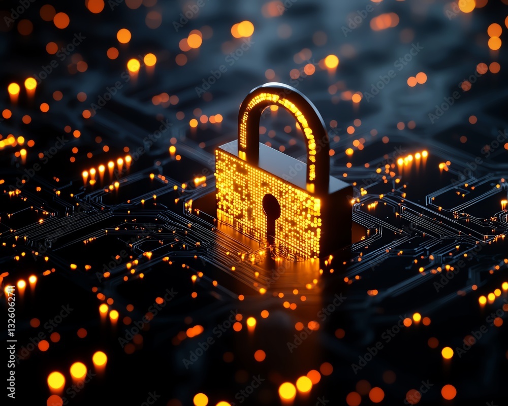 Poster Information privacy and data security with a glowing digital padlock embedded in a protective shield, set against a dark abstract background with digital circuits