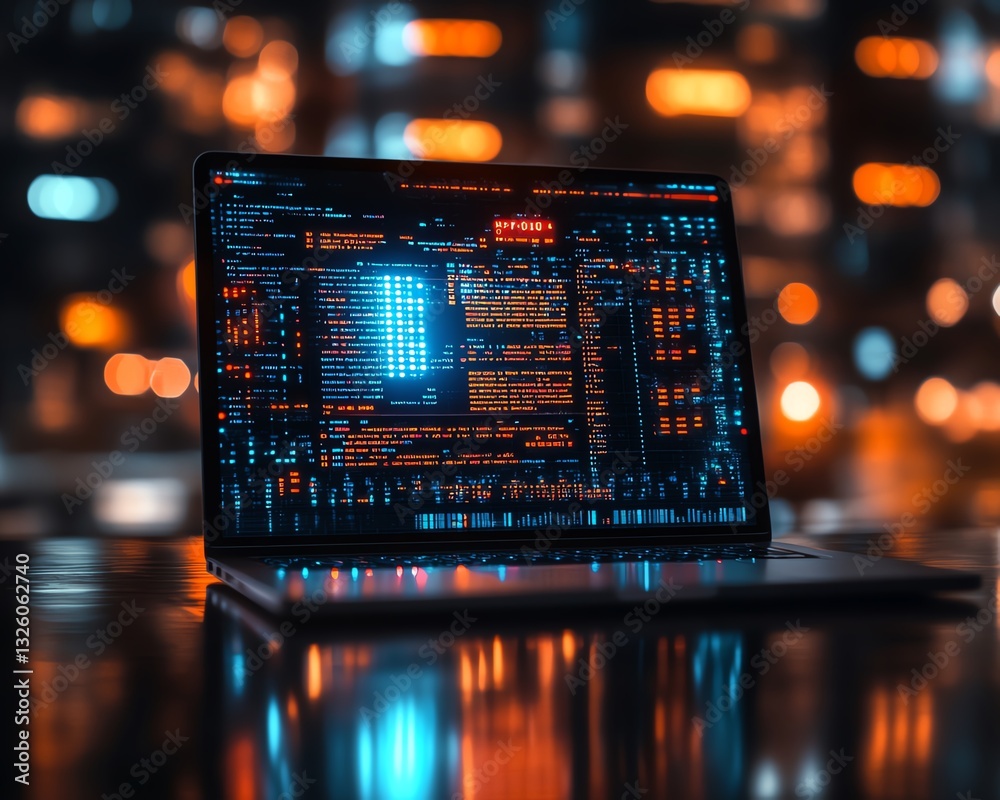 Aufkleber Office desk closeup with laptop, glowing AI hologram, and binary coding overlay on a blurry background, double exposure representing AI, technology, and programming