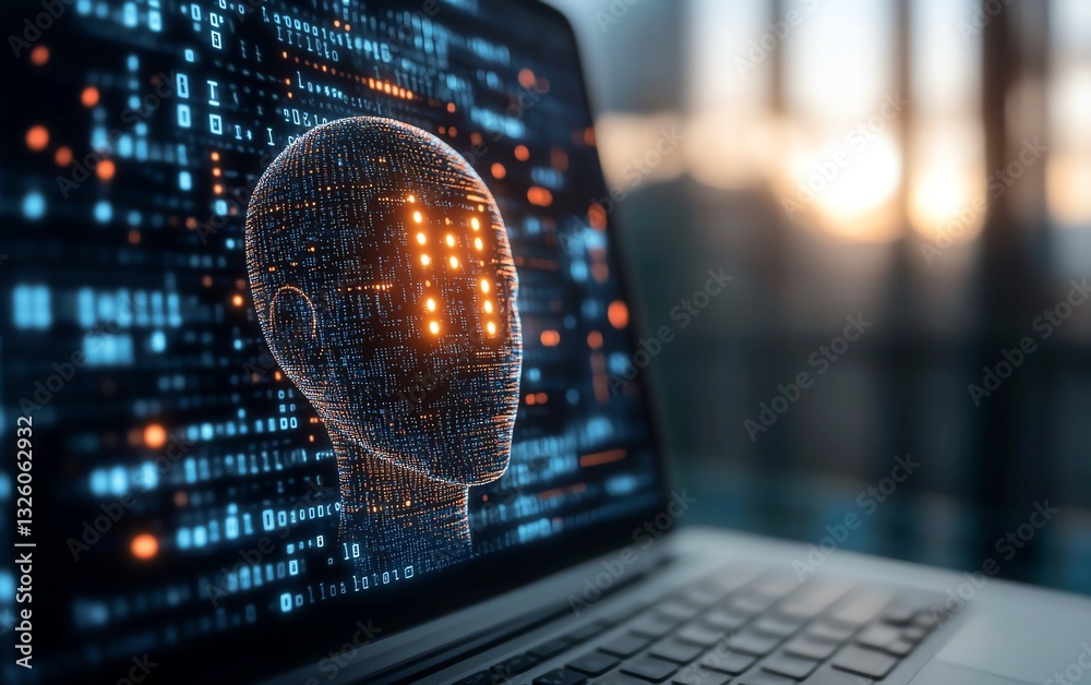 Poster Office desktop closeup with a laptop, glowing AI hologram, and binary code on a blurred background, showcasing technology, artificial intelligence, and digital programming