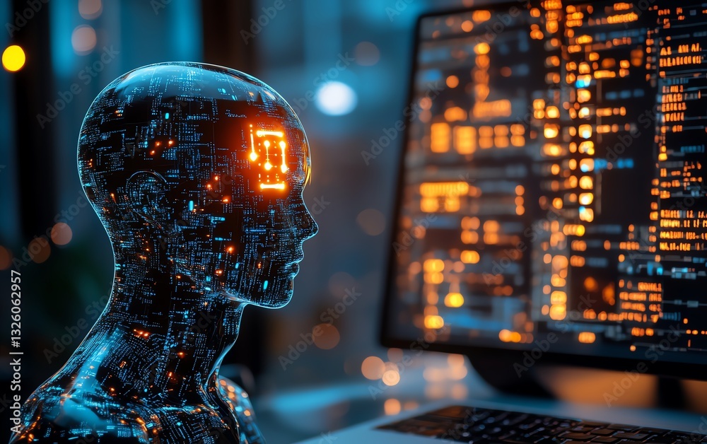 Poster Office desktop closeup with a laptop, glowing AI hologram, and binary code on a blurred background, showcasing technology, artificial intelligence, and digital programming