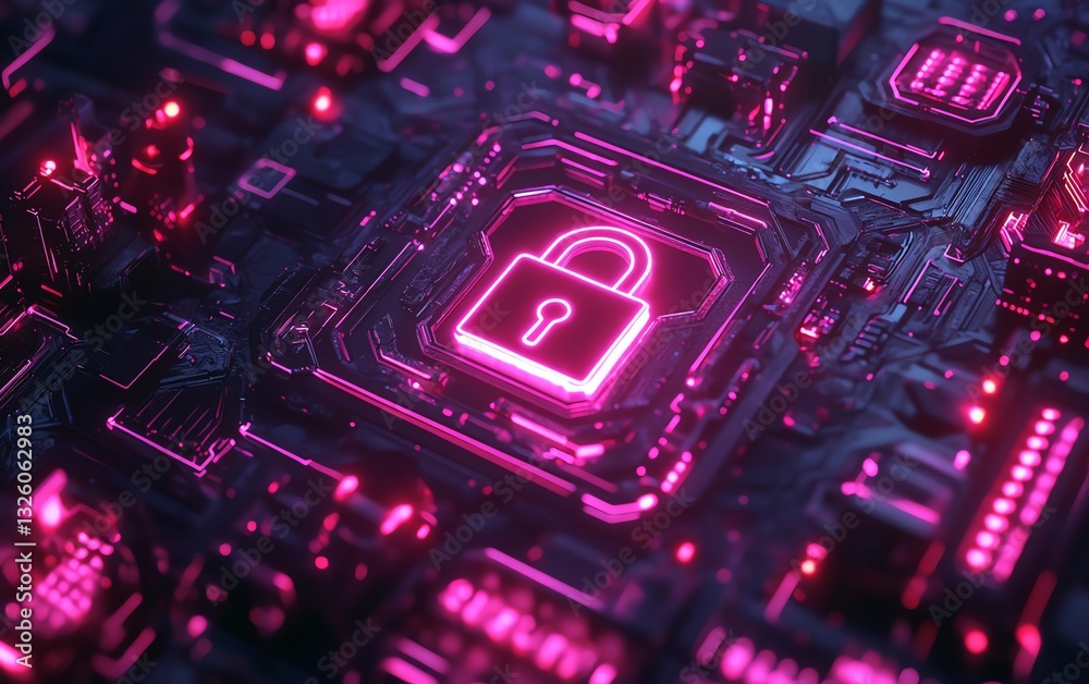Poster safety protection and information privacy concept with digital padlock in shield on abstract dark ba