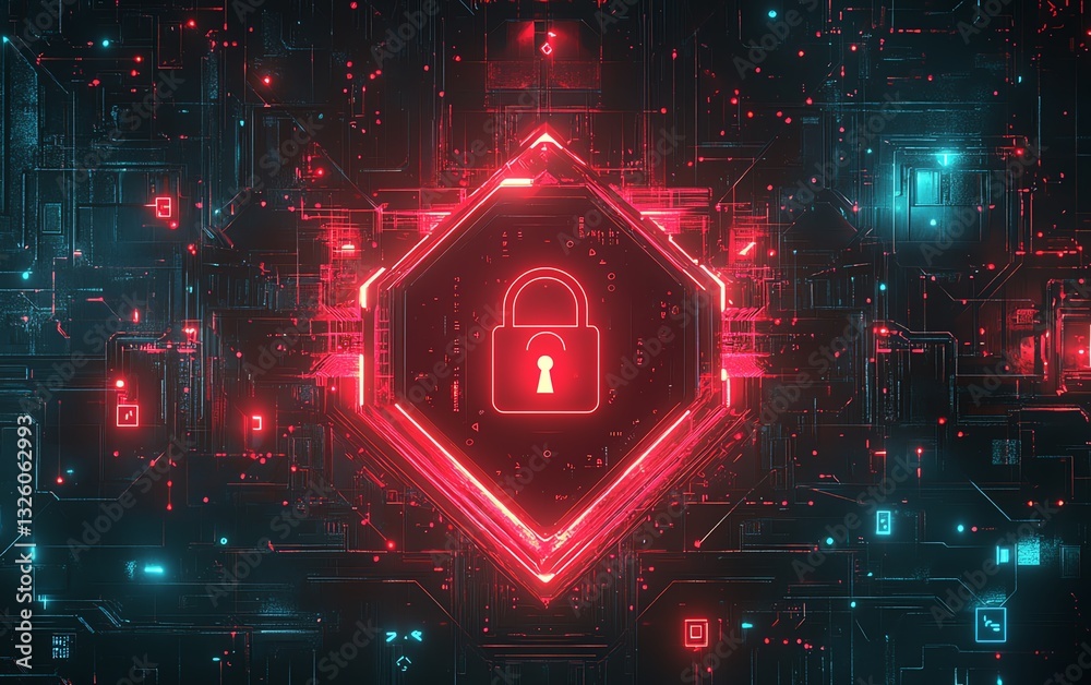 Poster safety protection and information privacy concept with digital padlock in shield on abstract dark ba
