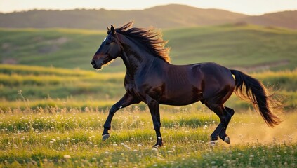 Fototapeta premium A powerful black horse runs freely in a lush green meadow under the warm glow of a setting sun. The scenery features rolling hills and wildflowers, creating a serene atmosphere