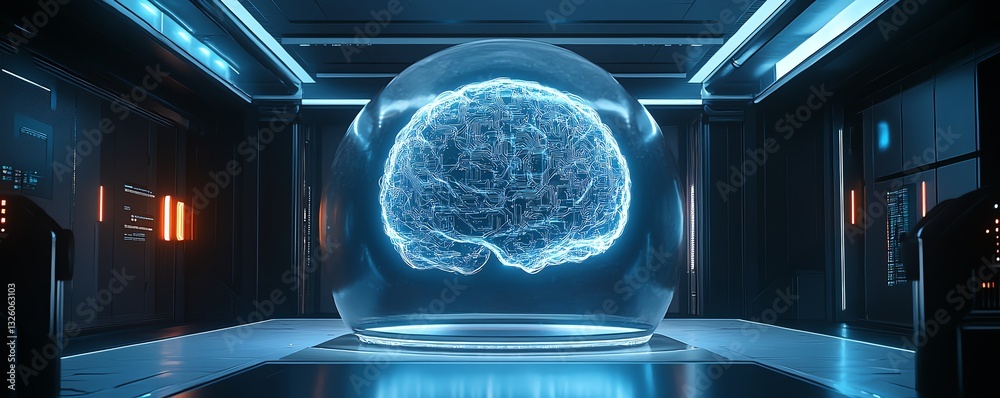 Fototapete 3D futuristic brain hologram with advanced data visualization and glowing digital streams, set on a technologythemed background, representing AI neural networks